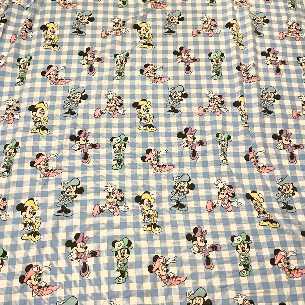 Vintage Disney Minnie Mouse Twin Flat Bed Sheet Blue White Gingham Check